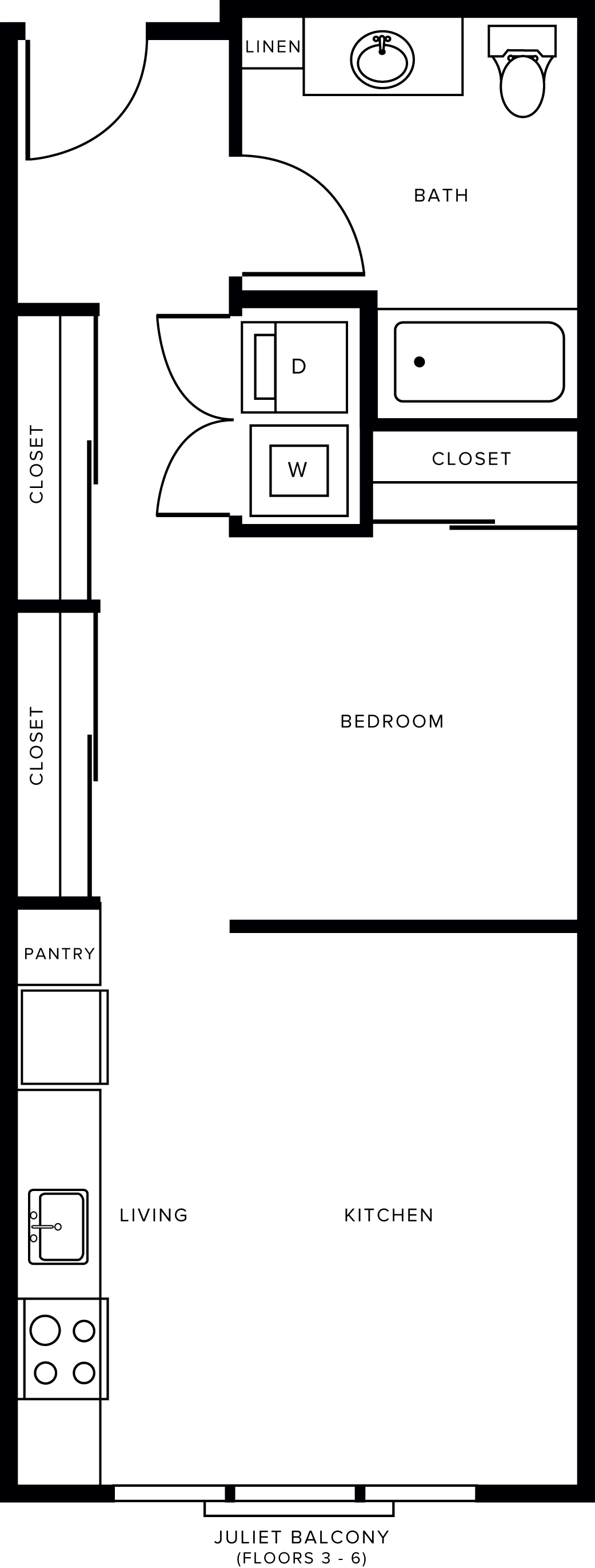Floor plan for 1 bed, 1 bath, 613 sqft